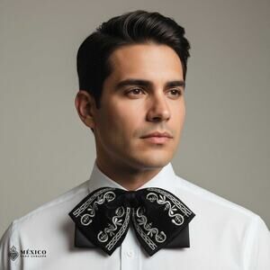 Black Mexican Embroidered Charro Moño – Traditional Satin Mariachi Bow Tie